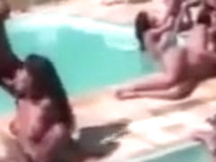 Shemales and girl poolside orgy