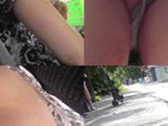 Gal in a-line skirt filmed by naughty upskirting voyeur