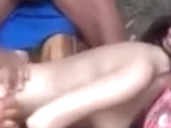 Outdoor foursome with blowjob and pussy fucking