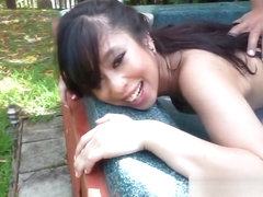 Asian chick gets her titties filled with champagne