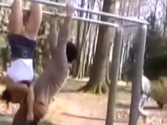 Upside down blowjob outdoors from an athletic girl