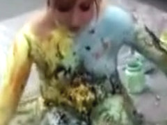 Blonde Drizzles Paint On Naked Body