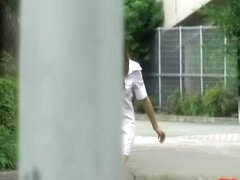 Hot Asian nurse gets a good street sharking outdoors.