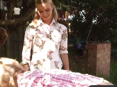 Girls Out West - Skinny blonde lesbians in the backyard