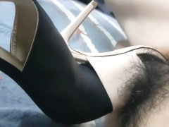 Cum in black leather heel