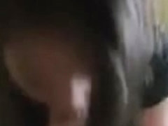 Admirable looking dark brown hair cutie giving head