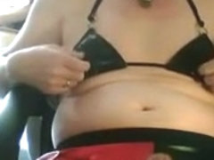 Playing in PVC Bikini, with Cheer Skirt and Cum Shot