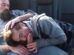 Bearded stepdad bare fucks his cute stepson on the backseat