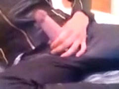 Heavy cumshot on my leather trousers