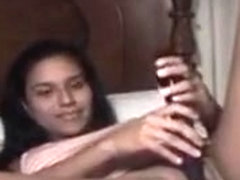 Funny teen plays with big tool