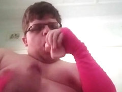 Sucking Dildo While Fapping with Pink Arm Warmers