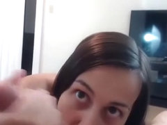 Amazing young brunette teen gives great handjob and blowjob