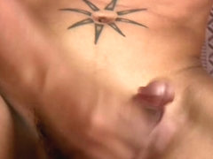 Slim teen femboy with curly hair masturbates her cock