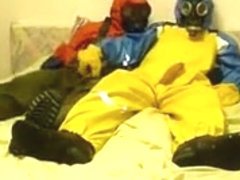 Raingear buddies play on bed, start