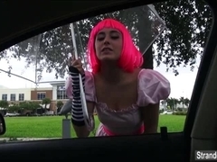 Teen Natalie Monroe with pink hair finds a ride and cock to suck