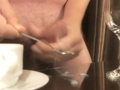 boy jerking off a huge dick and pouring himself with sperm