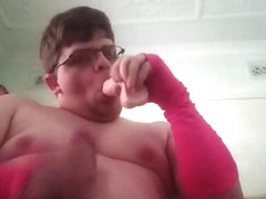 Sucking Dildo While Fapping with Pink Arm Warmers