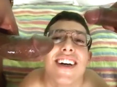 Interracial nerdy twink gets double facial