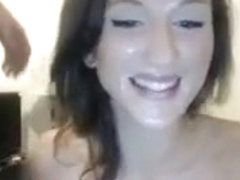Brunette slut sucking and fucking hard cock and gets her face covered by thick cum