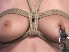 Tied up busty babe clamped and banged