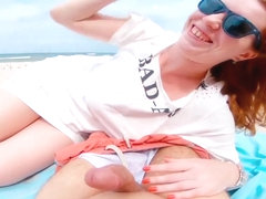 Risky Ginger Redhead Public Beach Flashing and Blowjob with Huge Cumshot