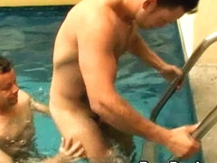 Hot dude gets blowjob by the pool and fucks bareback