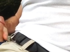 Thick jizz flow after jerking it off on a park bench