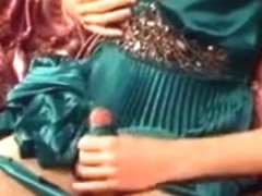 Cumming on green satin dress