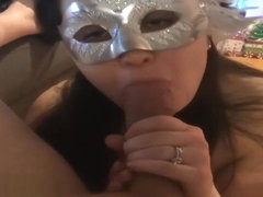 Real Married Milf (Olive) in mask sucks Cock. She loves the taste of cum!