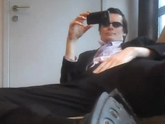 Wank in thin black socks with 'galaxy' pattern & black suit