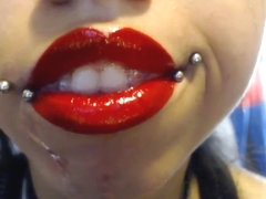 Bright Red Lipstick Drooling A LOT of Saliva and Spit