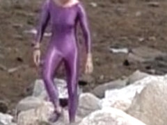 Slender amateur doll is wrapped in lilac latex costume 08e