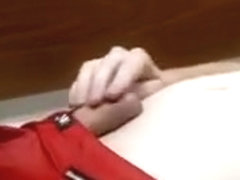 Red men`s panties cumshot by freshly shaved cock