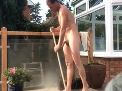 naked dad does chores outside