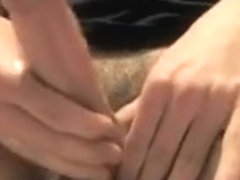 Hairy girl boy strokes throbbing cock