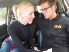 Nasty blonde fucks instructor in his car